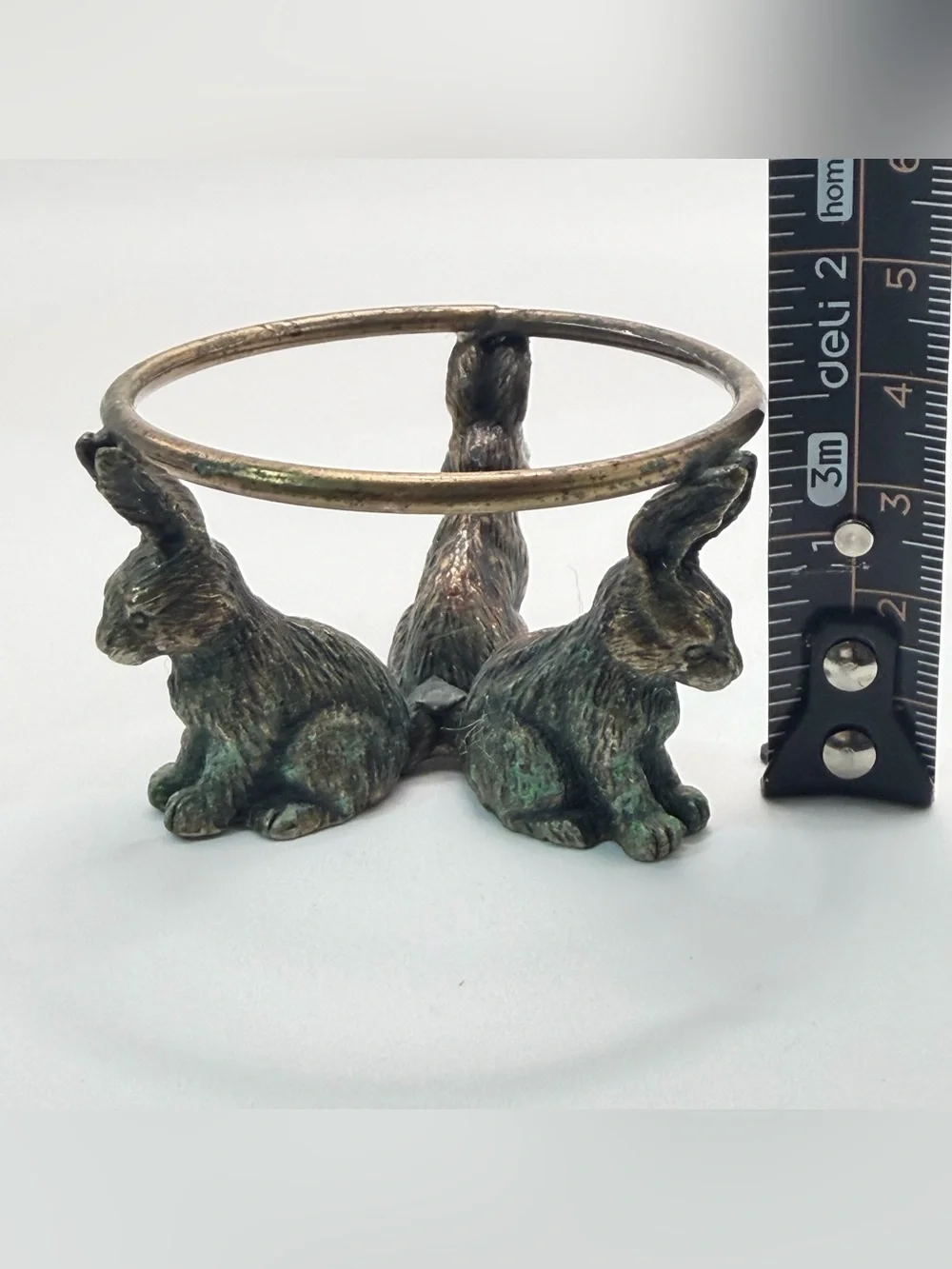 Vintage Pewter 3 Rabbit Bunny Sphere Crystal Ball Egg Display Stand Patina